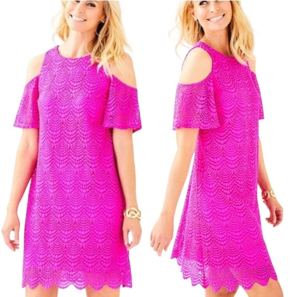 Lilly Pulitzer Somerset Lace Overlay Mini Dress Cold Shoulder Flutter Sleeve M